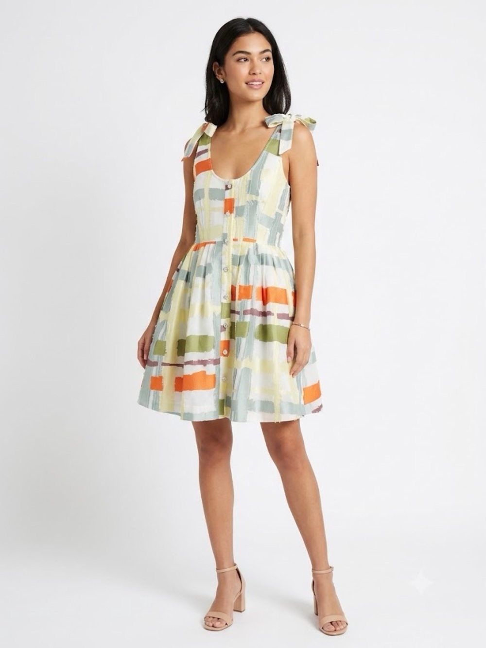 BURU Tiered Ribbon Strap Mini Dress Abstract Block Print Multi Color Small
